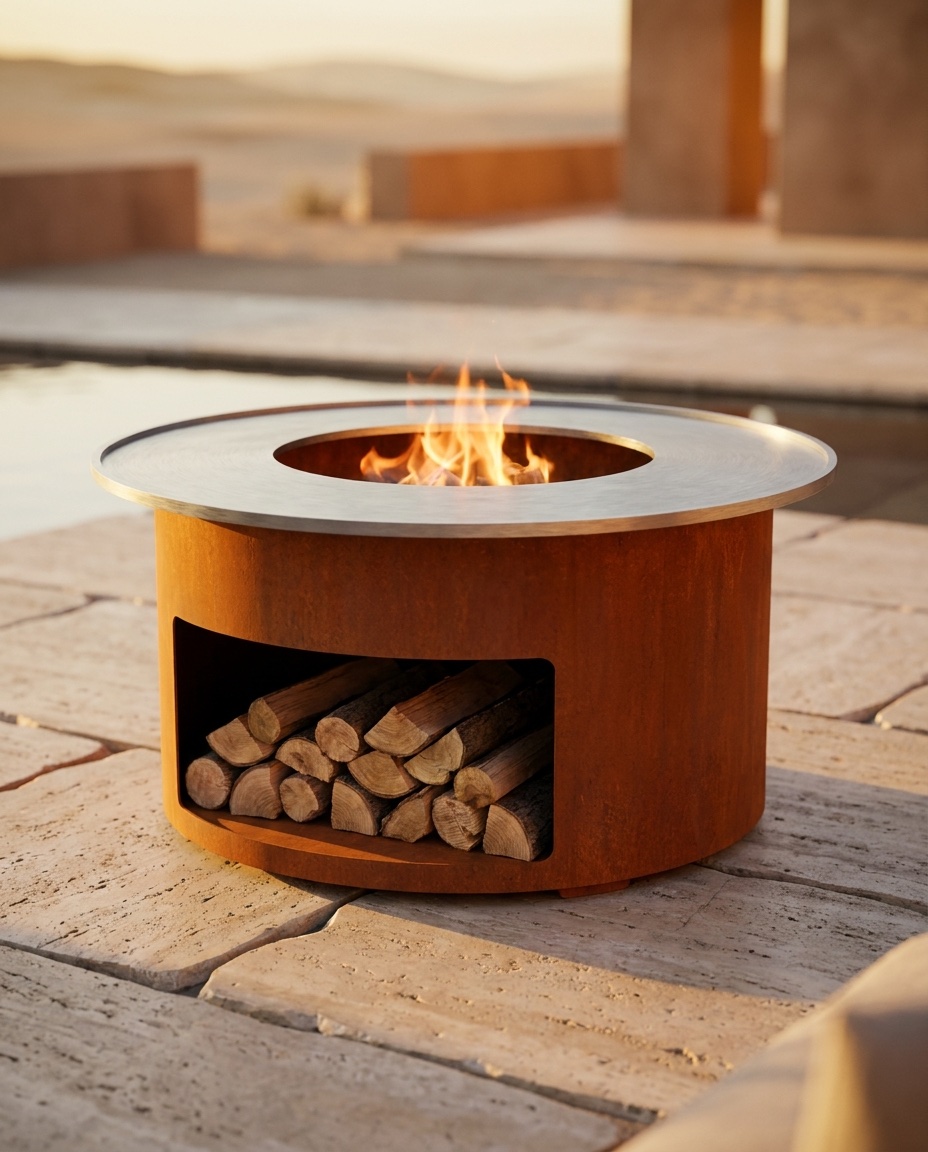 Brasero BRASA Solstice en acier Corten avec plancha